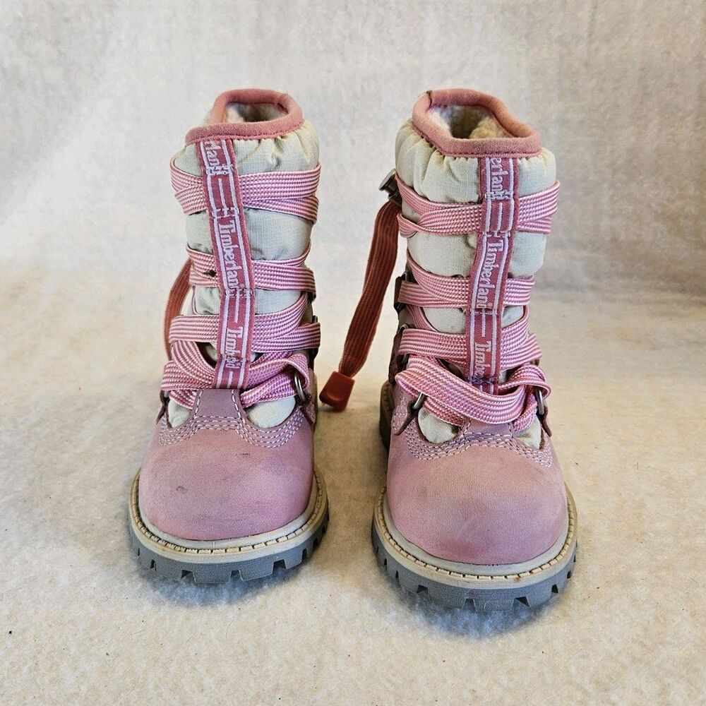 Timberland Girls Pink Gray Mid-Calf Snow Boots Waterproof Logo Size 5